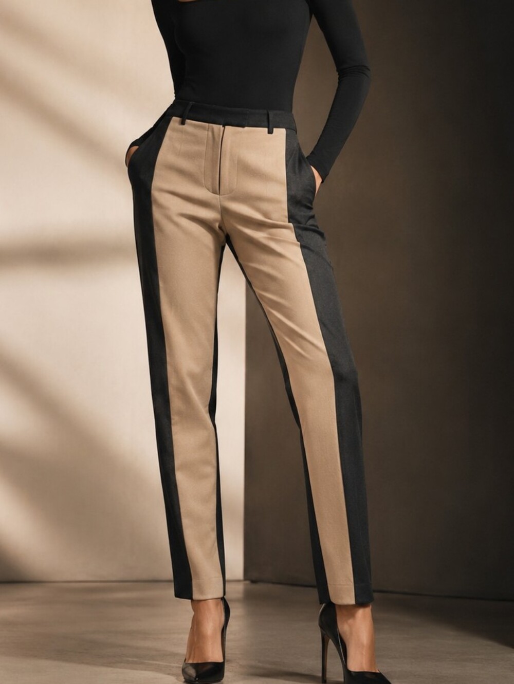 LARRY LEVINE Two-Tone Black and Beige Trousers